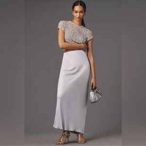 Anthropologie Tilda Maxi Slip Skirt in Silver Size Large NWT